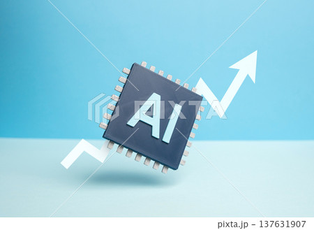 An AI enabled computer chip and an upward arrow. Rapid growth of artificial intelligence technology and semiconductor production. Rising demand for AI tools, innovation in microchip manufacturing 137631907