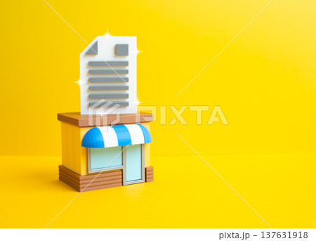Store building and official documents on a desk. Business paperwork, permits and licenses required to operate a company. Legal documentation, patents, regulation and compliance for entrepreneurs. 137631918