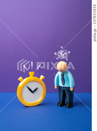 A tired office worker with a stopwatch facing a deadline. Burnout from intense work schedules and constant pressure. Overwork, fatigue and stress in demanding corporate environments. 137631919