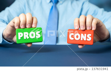 Pros and cons. Understand the issue and weigh all the conclusions. Evaluation and analysis. Advantages and disadvantages before making a decision. 137631941