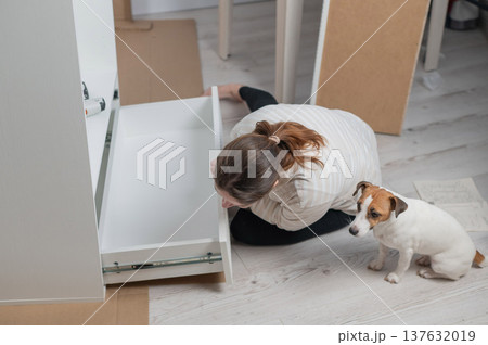 A Caucasian woman assembles furniture with her cute dog. A Caucasian woman assembles furniture with her cute dog. 137632019