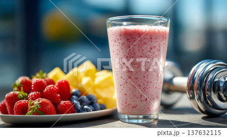 Protein berry smoothie with fresh fruit and dumbbell in a bright healthy fitness setting 137632115