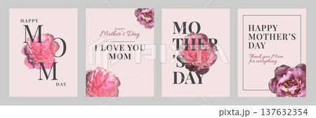 Mother's Day poster set with pink peony flowers in collage technique. Elegant botanical greeting card templates with modern typography. Floral design for holiday greetings, prints and social media. Mother's Day poster set with pink peony flowers in collage technique. Elegant botanical greeting card templates with modern typography. Floral design for holiday greetings, prints and social media. 137632354