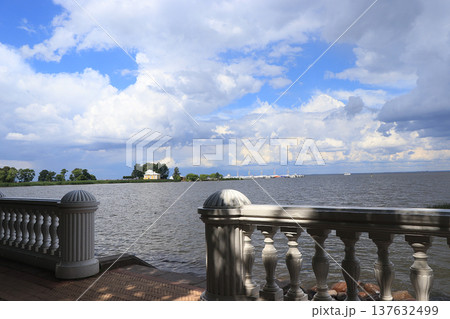 Russia, St. Petersburg, Peterhof, June 8, 2019. Pictured is the Gulf of Finland in the Lower Park of the Peterhof State Museum-Reserve and a view of the pier Russia, St. Petersburg, Peterhof, June 8, 2019. Pictured is the Gulf of Finland in the Lower Park of the Peterhof State Museum-Reserve and a view of the pier 137632499