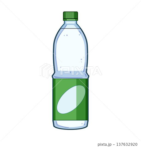 Plastic bottle holding clear beverage with green label Plastic bottle holding clear beverage with green label 137632920