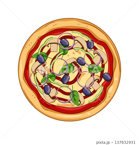 Pizza with mushrooms olives and basil top view Pizza with mushrooms olives and basil top view 137632931