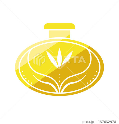 Golden oval perfume bottle with natural botanical design 137632978