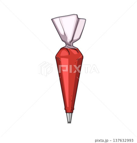 Pastry bag filled with red icing preparing for decoration 137632993
