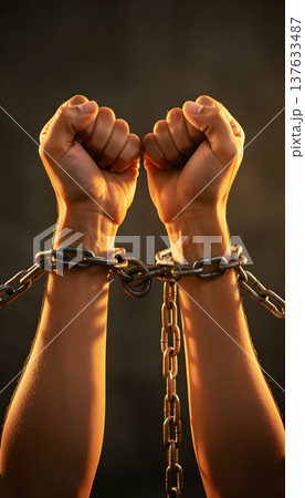 Detail of chained hands breaking the metal chain. Symbol and concept of freedom 137633487
