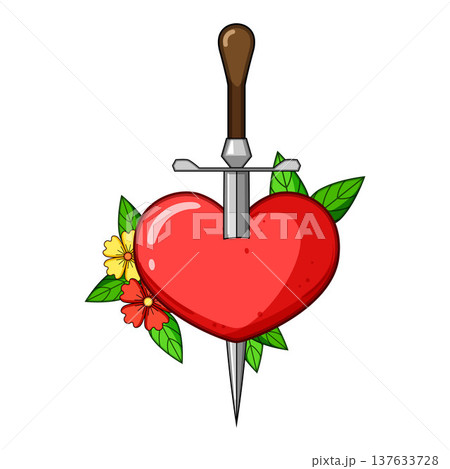 Heart pierced by dagger with floral elements artwork 137633728