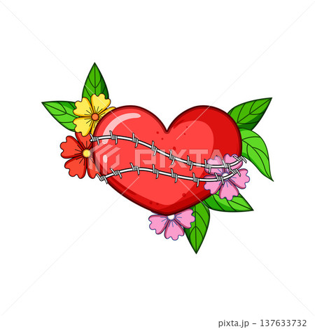 Heart wrapped with barbed wire and flowers, symbolizing pain and resilience Heart wrapped with barbed wire and flowers, symbolizing pain and resilience 137633732