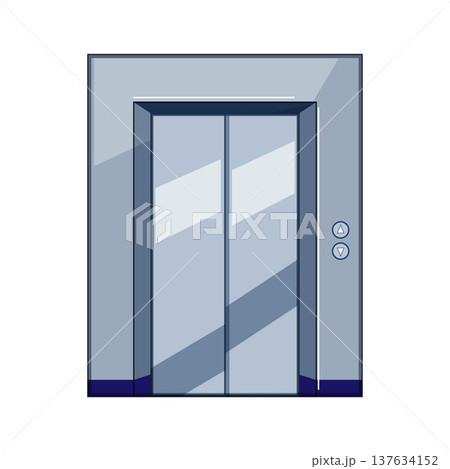 Silver elevator doors on wall with direction buttons 137634152