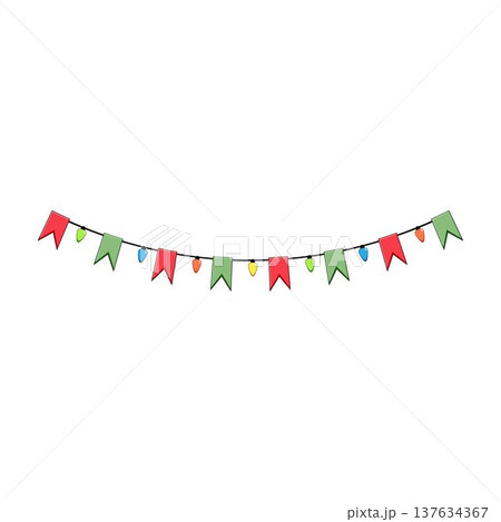 Christmas garland displaying colorful flags and string lights 137634367