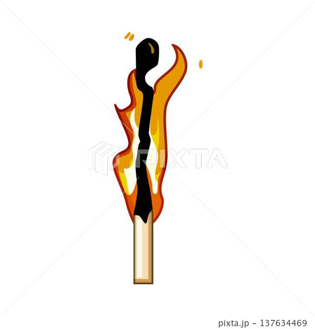 Wooden matchstick burning with orange flame and smoke 137634469