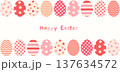 Easter Eggs Horizontal Vector Background with Copy Space, Cute Red and Pink Banner with Painted Eggs with Different Patterns 137634572