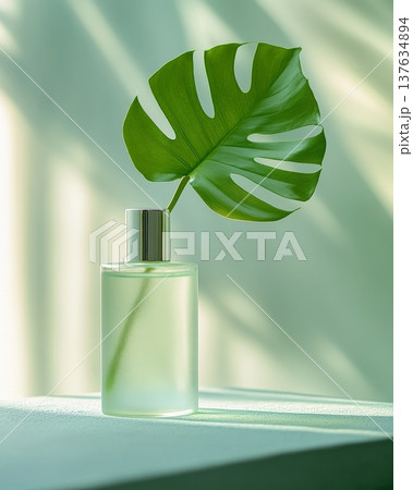 Elegant Green Leaf in a Crystal Clear Glass Vase on a Minimalist Table Setting, Capturing Natural Beauty Elegant Green Leaf in a Crystal Clear Glass Vase on a Minimalist Table Setting, Capturing Natural Beauty 137634894