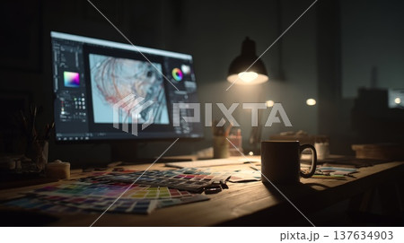 A modern desk setup featuring a computer, a stylish mug, and organized stationery for an inspiring workspace. 137634903