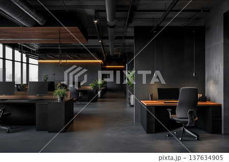 Sleek and Modern Office Space Featuring a Minimalist Desk, Comfortable Chairs, and Ample Natural Light Sleek and Modern Office Space Featuring a Minimalist Desk, Comfortable Chairs, and Ample Natural Light 137634905