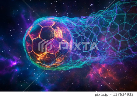 A surreal soccer ball caught in a net floating amidst the vastness of space, stars twinkling around it. 137634932