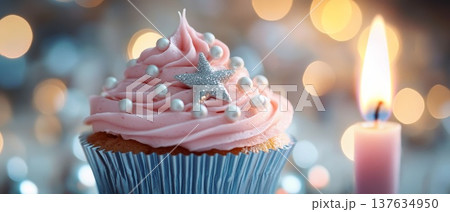 Delightful pink frosted cupcake adorned with a shimmering star decoration, perfect for celebrations and sweet treats. Delightful pink frosted cupcake adorned with a shimmering star decoration, perfect for celebrations and sweet treats. 137634950