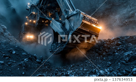 Powerful Bulldozer Navigating Through a Massive Pile of Rocks Under a Bright Blue Sky Powerful Bulldozer Navigating Through a Massive Pile of Rocks Under a Bright Blue Sky 137634953