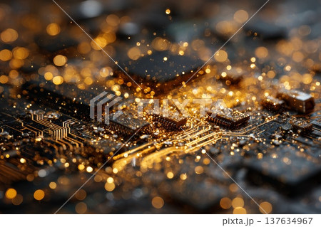 Intricate computer motherboard showcasing numerous small gold dots and complex circuitry in a high tech environment. 137634967