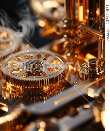 Intricate Clock Mechanism Close Up Featuring Gears and Clock Hands in a Well Lit Environment 137634971
