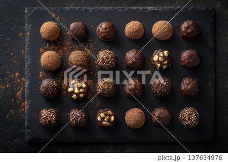 An Elegant Tray of Assorted Chocolates Displayed Delightfully on a Rustic Wooden Table in Soft Lighting An Elegant Tray of Assorted Chocolates Displayed Delightfully on a Rustic Wooden Table in Soft Lighting 137634976