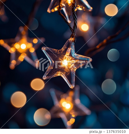 Enchanting Star Shaped Light String Illuminating a Dreamy Blurred Background for Festive Atmospheres Enchanting Star Shaped Light String Illuminating a Dreamy Blurred Background for Festive Atmospheres 137635010