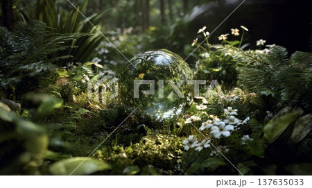 Enigmatic Glass Orb Glimmers in a Lush Forest, Surrounded by Verdant Foliage and Dappled Sunlight 137635033