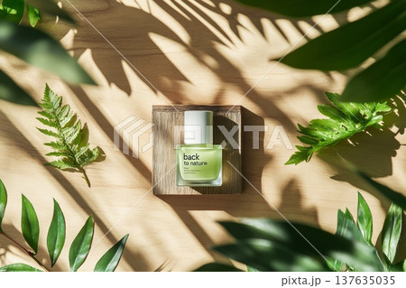 Refreshing Green Tea Bottle Surrounded by Lush Greenery on a Natural Wooden Surface Refreshing Green Tea Bottle Surrounded by Lush Greenery on a Natural Wooden Surface 137635035