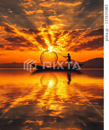 Serene man in a boat casting a net on the tranquil waters of a picturesque lake at sunset. Serene man in a boat casting a net on the tranquil waters of a picturesque lake at sunset. 137635065