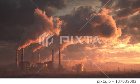 Industrial Factory with Emitting Smoke Stacks Against a Clear Blue Sky in an Urban Landscape 137635082