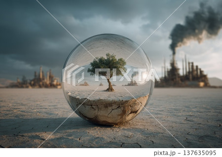 A Serene Tree Encased in a Glass Ball Amidst an Expansive Barren Landscape 137635095