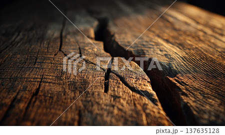 Detailed Close Up of a Cracked Wooden Table Surface Showcasing Natural Textures and Unique Grain Patterns 137635128