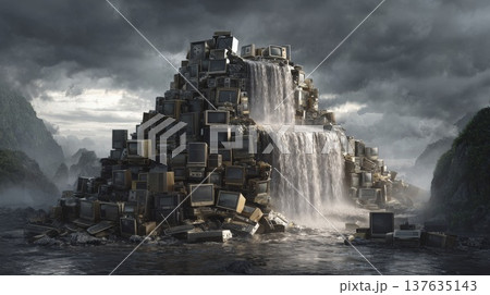 A Majestic Waterfall Cascades Down into a Mountain Made Entirely of Old Televisions and Electronics 137635143