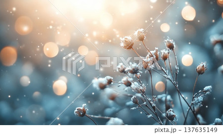 Snow Covered Plant Glowing Under Bright Light, Creating a Magical Winter Wonderland Atmosphere Snow Covered Plant Glowing Under Bright Light, Creating a Magical Winter Wonderland Atmosphere 137635149