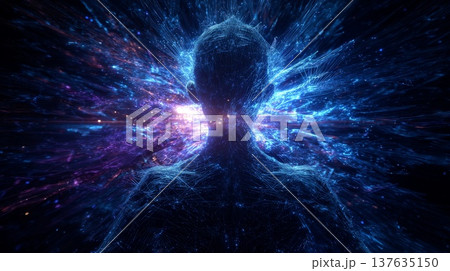 Ethereal Man Surrounded by Glowing Lights in Blue and Purple Hues, Radiating Energy and Mystery Ethereal Man Surrounded by Glowing Lights in Blue and Purple Hues, Radiating Energy and Mystery 137635150