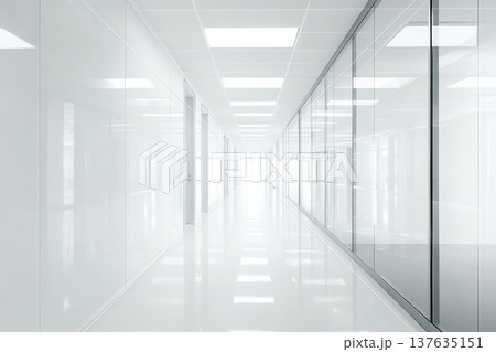 Bright and Spacious Long Hallway with Glass Walls and Sleek White Flooring for Modern Architectural Design Bright and Spacious Long Hallway with Glass Walls and Sleek White Flooring for Modern Architectural Design 137635151
