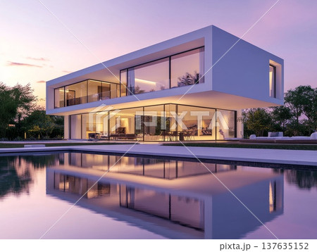 Contemporary Home Design Featuring an Inviting Pool Surrounded by Lush Landscaping and Modern Architecture 137635152