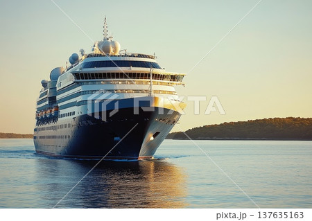 Majestic cruise ship gliding gracefully through the shimmering ocean under a clear blue sky Majestic cruise ship gliding gracefully through the shimmering ocean under a clear blue sky 137635163