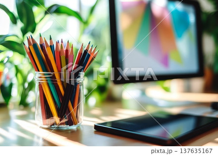 Vibrant Jar of Colored Pencils on a Modern Desk Beside a Computer Monitor 137635167