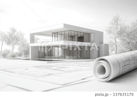 Architectural Blueprint and Paper Roll Displayed on Wooden Table Next to a Beautiful House Architectural Blueprint and Paper Roll Displayed on Wooden Table Next to a Beautiful House 137635170