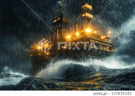 Powerful Oil Rig Braving the Fury of a Stormy Ocean Under Dark, Ominous Skies 137635185