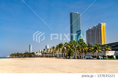 Modern skyscrapers and lush palm trees along the sandy Jeddah waterfront under a clear blue sky in Saudi Arabia 137635221