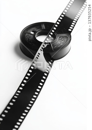 Vintage Roll of Film Surrounded by Black and White Photo Strip on a Wooden Table Vintage Roll of Film Surrounded by Black and White Photo Strip on a Wooden Table 137635254