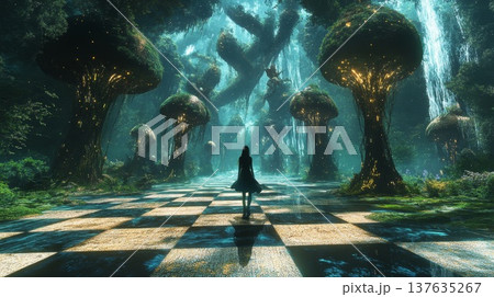 Majestic forest path illuminated by sunlight, where a solitary figure walks among towering ancient trees Majestic forest path illuminated by sunlight, where a solitary figure walks among towering ancient trees 137635267