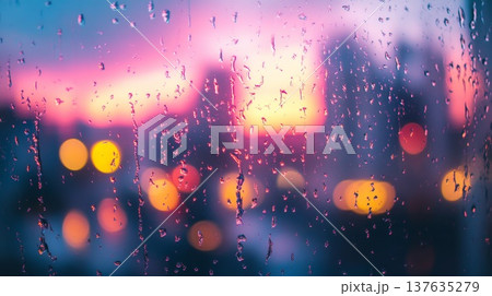 Rain Drenched Window Reflecting Vibrant City Lights at Night, Creating a Cozy Urban Atmosphere Rain Drenched Window Reflecting Vibrant City Lights at Night, Creating a Cozy Urban Atmosphere 137635279