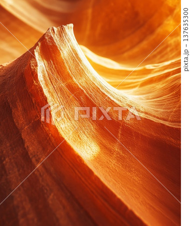 Captivating close up of a wave gently cascading through a majestic canyon under soft, golden sunlight. 137635300