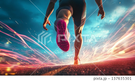 Inspirational scene of a man running on a sunlit road, with a dynamic and blurred background creating motion. 137635301